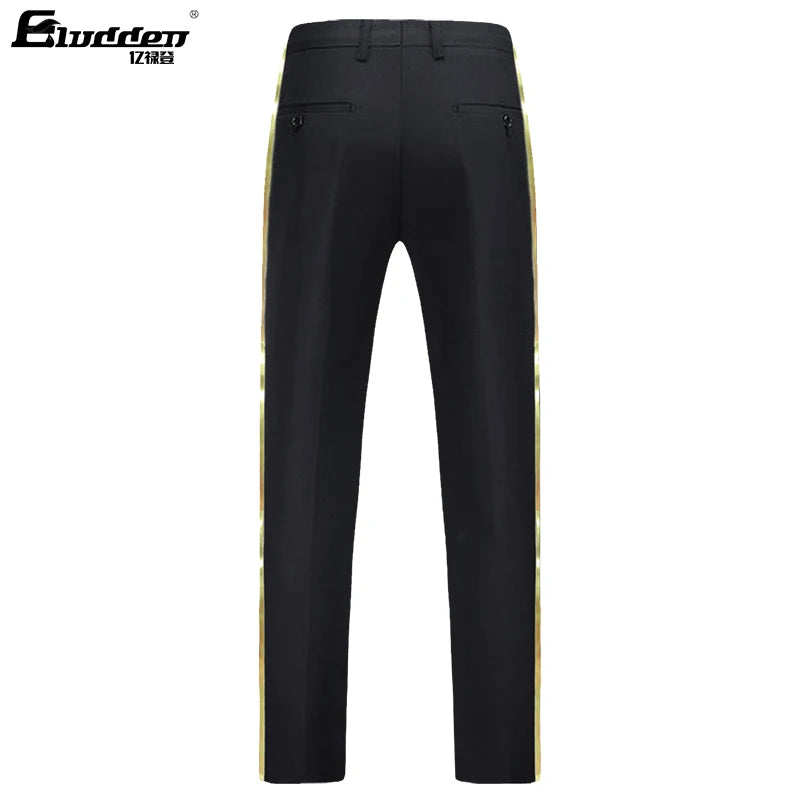 Men's black suit pants Gold leather trim Casual Male Formal Business Office Pants Elastic Straight Formal Trousers Plus big size