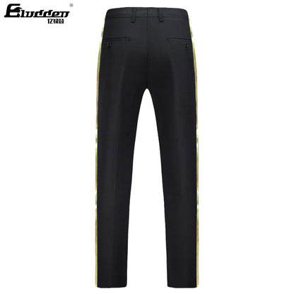 Men's black suit pants Gold leather trim Casual Male Formal Business Office Pants Elastic Straight Formal Trousers Plus big size