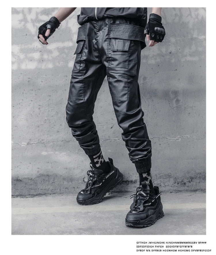 2023 Waxy Coating Punk Hip Hop Cargo Pants Mens Multi-pockets Motorcycle Techwear Functional Joggers Street Casual Trousers