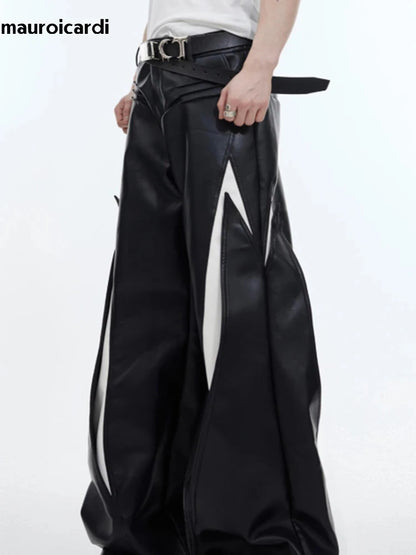 Mauroicardi Spring Autumn Cool Long Loose Casual White and Black Patchwork Pu Leather Pants Men Wide Leg Trousers Fashions 2024