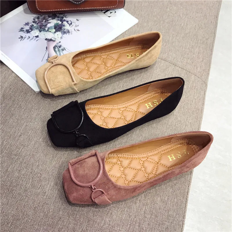 Flat Shoes for Women Spring 2023 New Suede Square Toe Shallow Cut Flat Bottomed Lefu Soft Bean Shoes Ladies big size 44 45 46