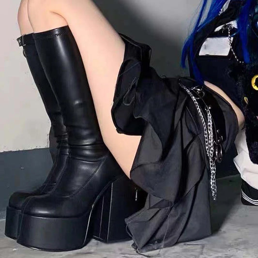 Punk Style Autumn Winter Boots Elastic Microfiber Shoes Woman Ankle Boots High Heels Black Thick Platform Long Knee High Boots