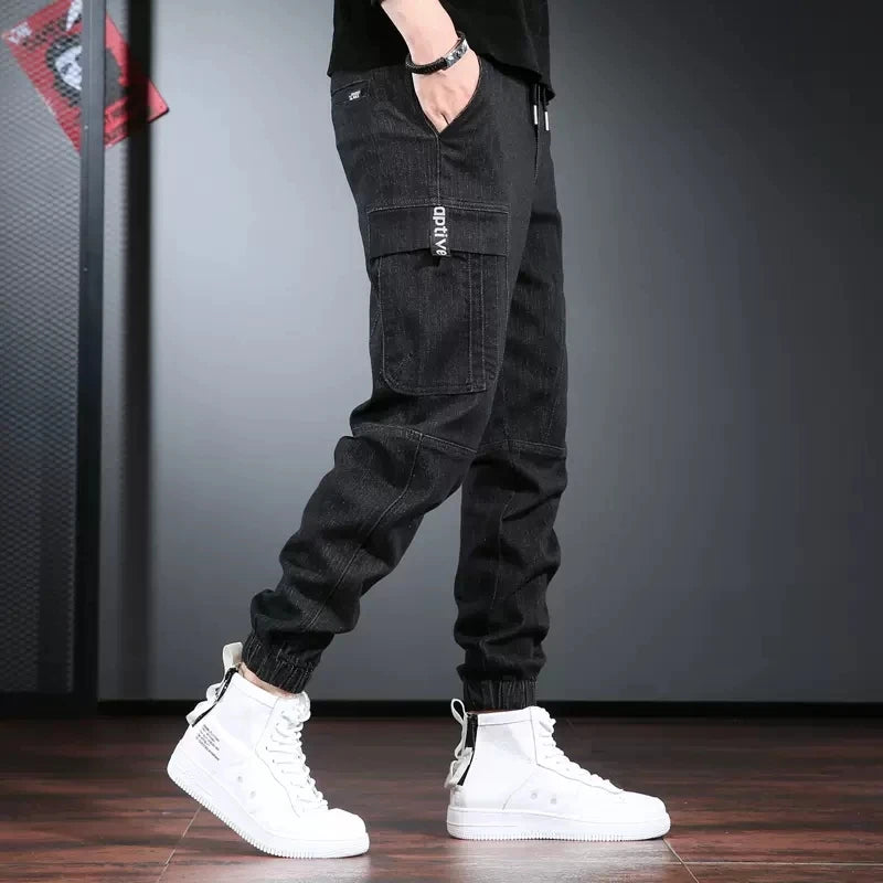 Autumn Jeans Men Baggy Cargo Pants Streetwear Hip Hop Casual Blue Gray Elastic Waist Denim Trousers CP2013