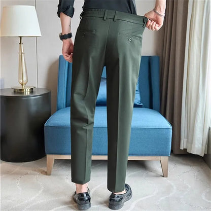 Summer Suit Pants Men Fashion Smart Casual Suit Trousers Slim Fit Wedding Party Formal Dress Mens Solid Color Ankle Length Pants