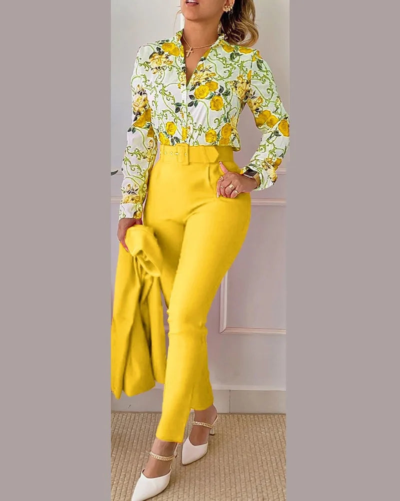 Elegant Women Two Piece Set Suits Fall New Fashion Print Long Sleeve Top Solid Color Pants Set With Belt  Blouses Female Clothes