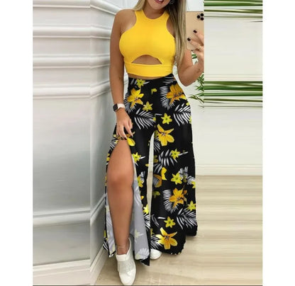 Two Piece Sets Womens Outifits 2024 Summer Print Temperament Sleeveless Slim Top & Casual High Waist Fashion Wide Leg Pants Set