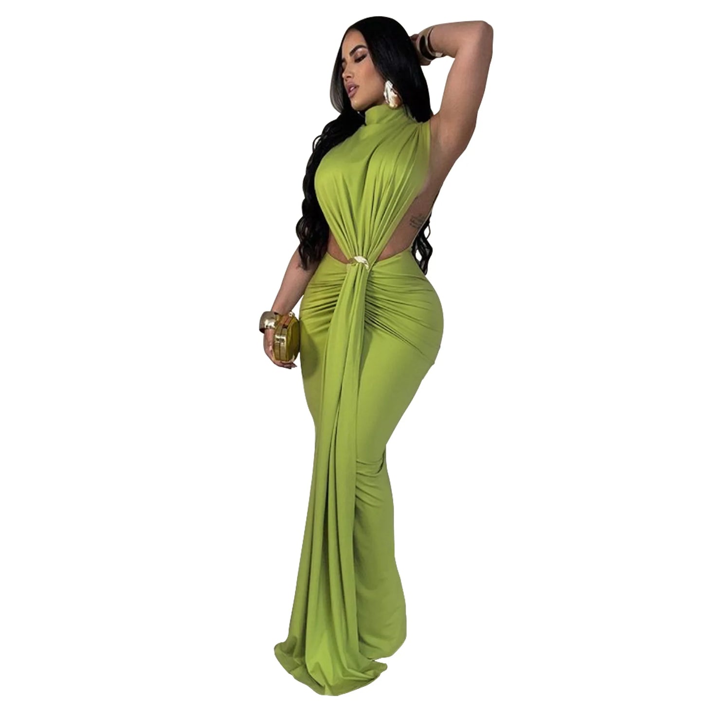 New Women O-neck High Split Ruched Stacked Bodycon Midi Maxi Dress Evening Party Club Vestidos Sexy Chic Long Dresses