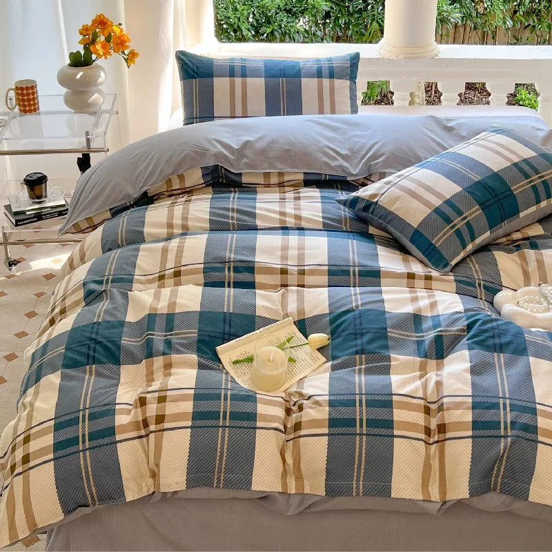 Check Pattern Gentleman Plaid Printed Bedding Set Floral Duvet Cover Pillowcase Set Bed Sheet Quilt Cover Single Queen King Size