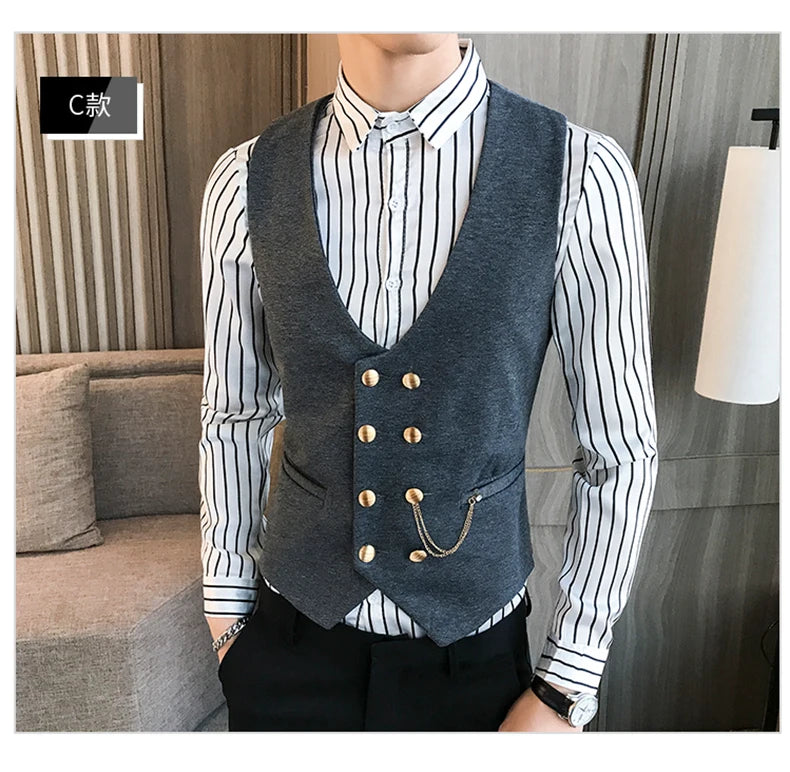 2025 Latest Style Double Breasted Men Suit Vest Gold Button Slim Fit Formal Groom Wedding Vest Streetwear Sleeveless Vest Jacket