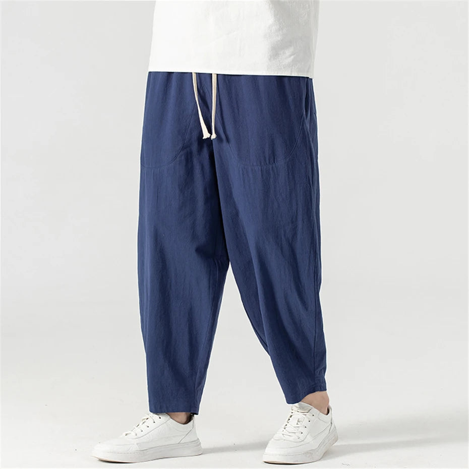 Linen Pants Men Baggy Pants Plus Size 9XL Summer Ankle-length Pants Male Solid Color Bottom Big Size 9XL