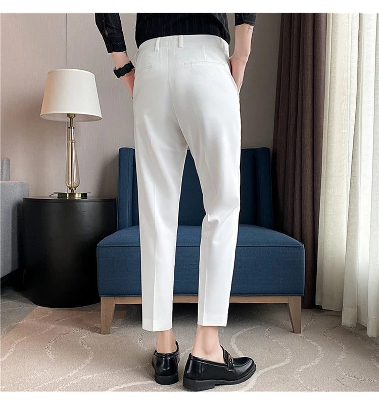 9 Color Summer Fashion Mens Suit Pants Pure Color Business Formal Pants Slim Fit Office Mens Wedding Social Ankle Long Trousers