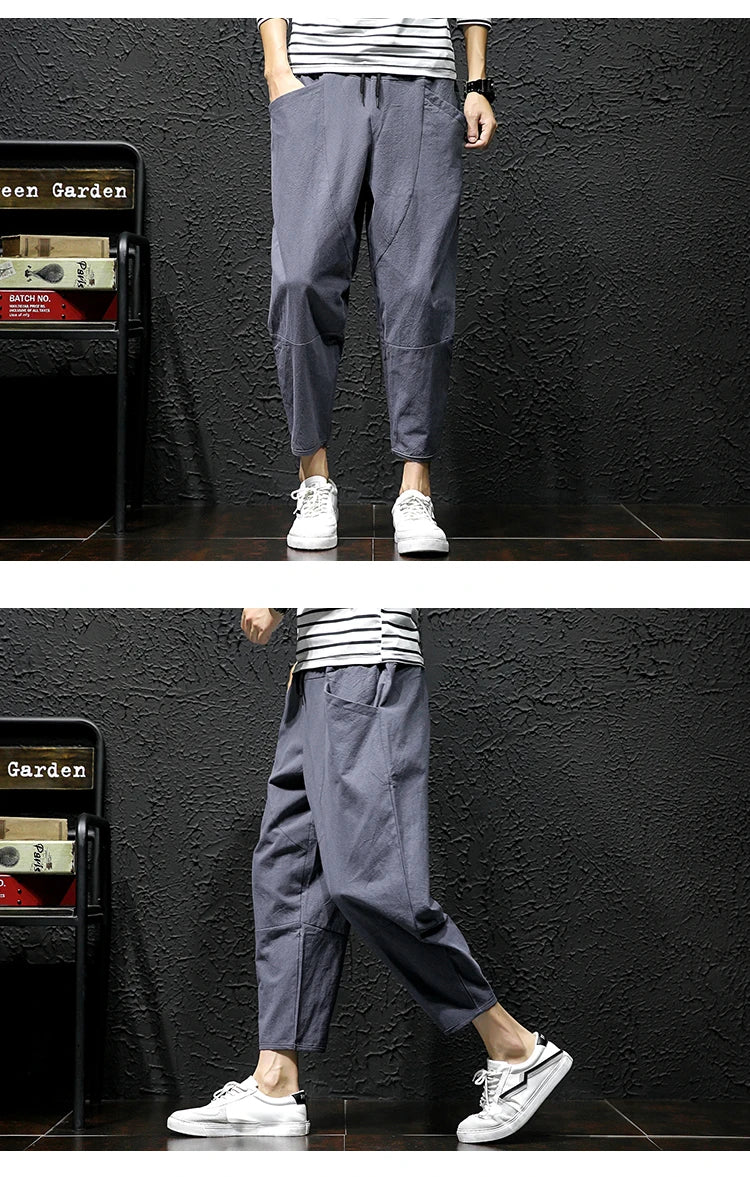 100% Cotton Ankle Length Pants Summer Casual Pants Man Trendy Japanese Loose Pants Men