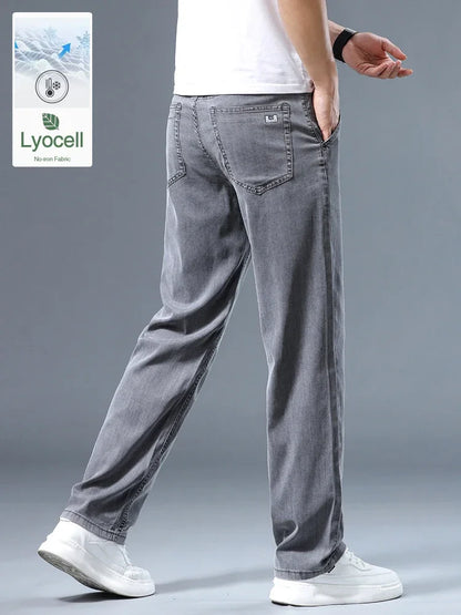 Summer Men's Lyocell Baggy Jeans Thin Soft Drape Business Casual Trousers Classic Smoke Gray Brand Straight Ice Silk Pants