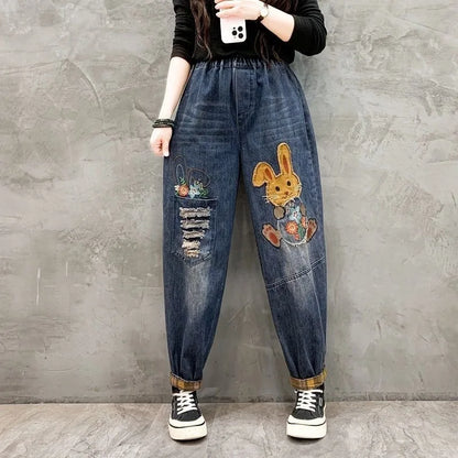 New High Quality Women Retro Patch Embroidered Printed Loose Jeans Women Ripped Casual Jeans