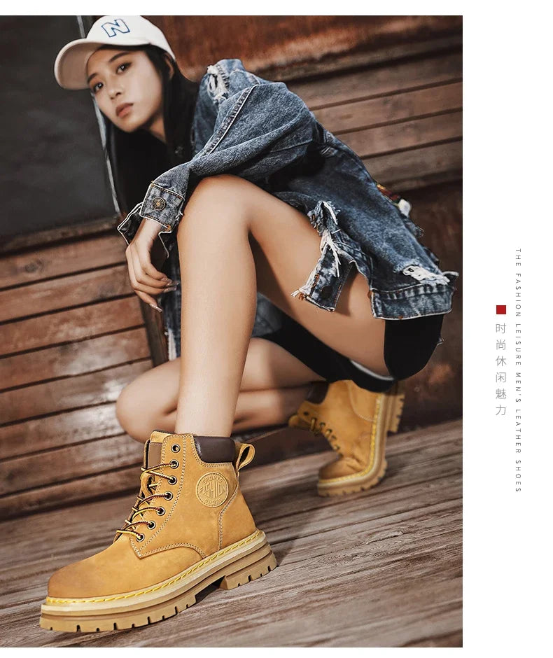 Boots Men High Top Boots High Quality Women Leather Shoes Fashion Outdoor Sneakers Men Lace Up Non-Slip Ankle Boots for Couple