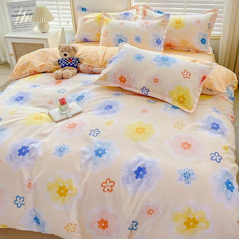 Cute Home Comforter Bedding Sets Washed Cotton Duvet Cover Flat Bed Sheet Set Twin Full Queen King Size Bed For Girls Couple