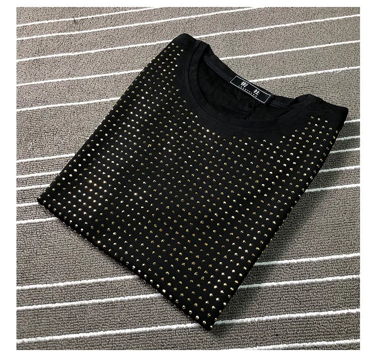 Summer High Quality New  Shiny Round Neck Pure Cotton Slim Heavy Industry Classic Full Diamond Short Sleeve T-Shirt Men