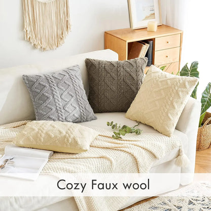 1 plain decorative artificial wool pillow case, soft short plush wool square pattern cushion cover, modern decorative sofa, fami