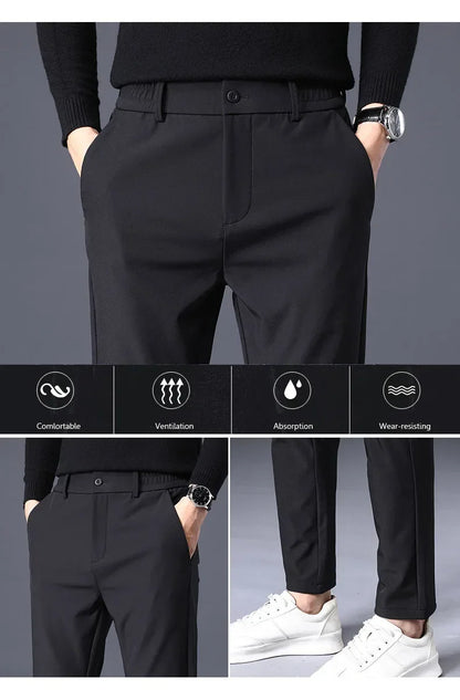 Spring Summer Thin Men's Business Casual Pants High Elastic Jogger Slim Straight Korean Brand Trousers Clothes Black Gray Blue