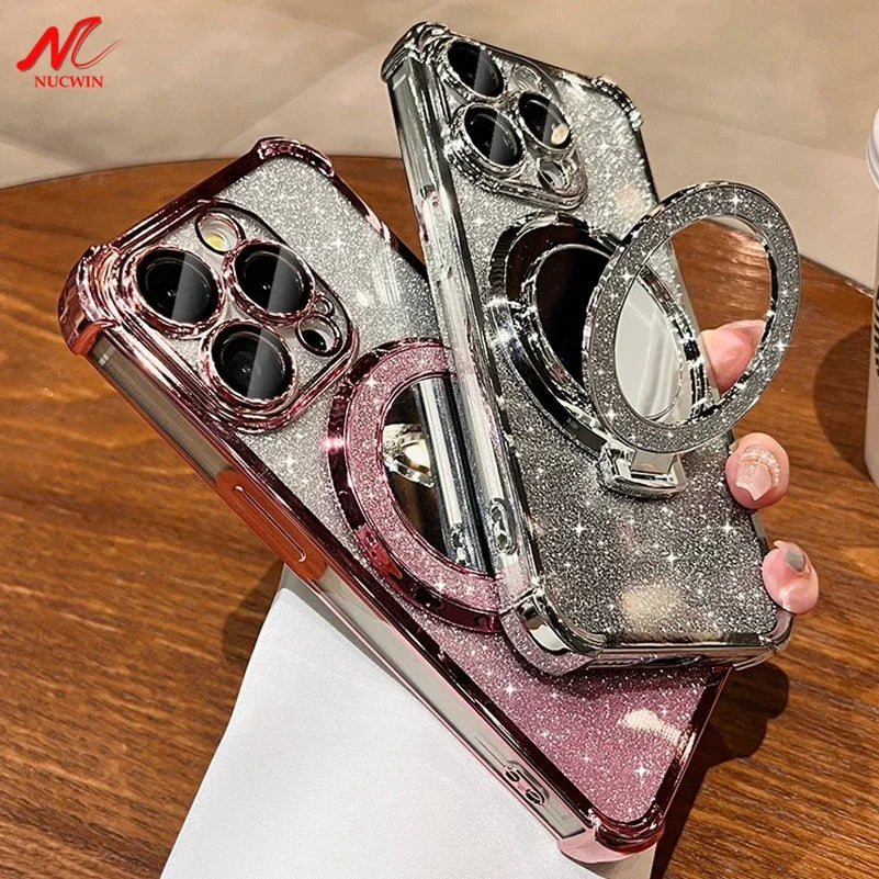 Plating Airbag Glitter Bracket Magsafe Case for iPhone 15 16 Pro Max 15 Plus Luxury Mirror Cover for iPhone 11 12 13 14 Pro Max