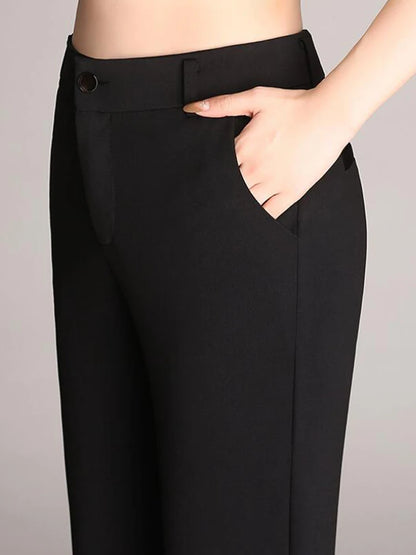 Solid Elegant Full Length Women's Pants Autumn Casual Wide Leg Flared Pants Vintage High Waist OL Ladies Career Long Trousers