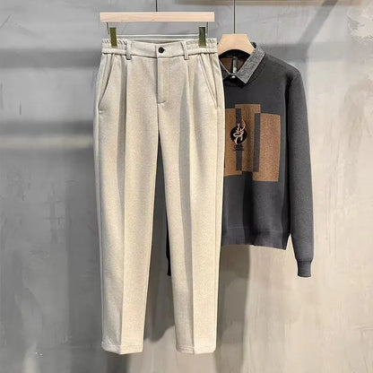 Men's Elastic Button Zipper Ruched Pockets Spliced Straight Slim Business Casual Spring Autumn Winter Solid Color Woolen Pants