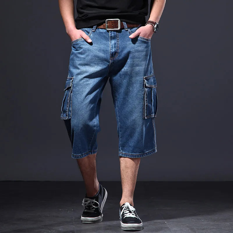 Men's Summer Loose Fit Cargo Short Jeans With Big Pockets Baggy Casual Work Denim Shorts Washed Blue Big Size