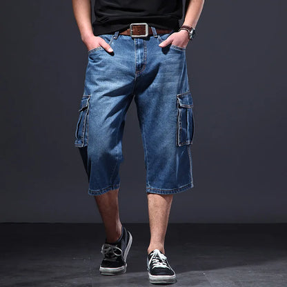 Men's Summer Loose Fit Cargo Short Jeans With Big Pockets Baggy Casual Work Denim Shorts Washed Blue Big Size