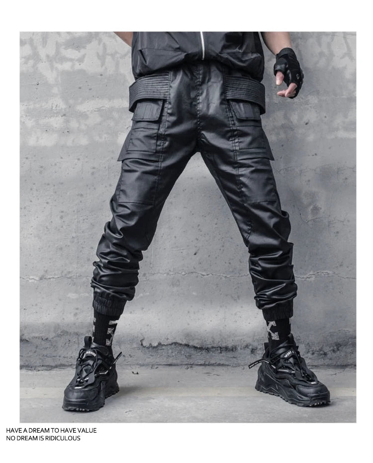 2023 Waxy Coating Punk Hip Hop Cargo Pants Mens Multi-pockets Motorcycle Techwear Functional Joggers Street Casual Trousers