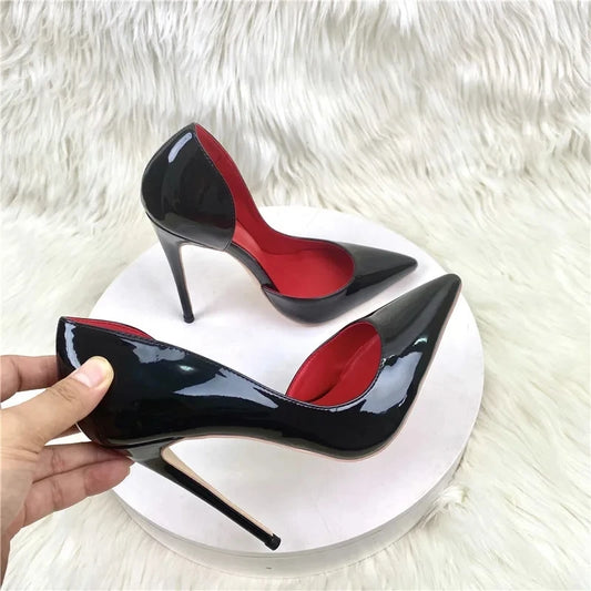 Fashion New Trend Female Pumps Black Leather Side Empty Pointed Toe Female High Heel Sexy Party Shoes Ladies Dress Stiletto Pump