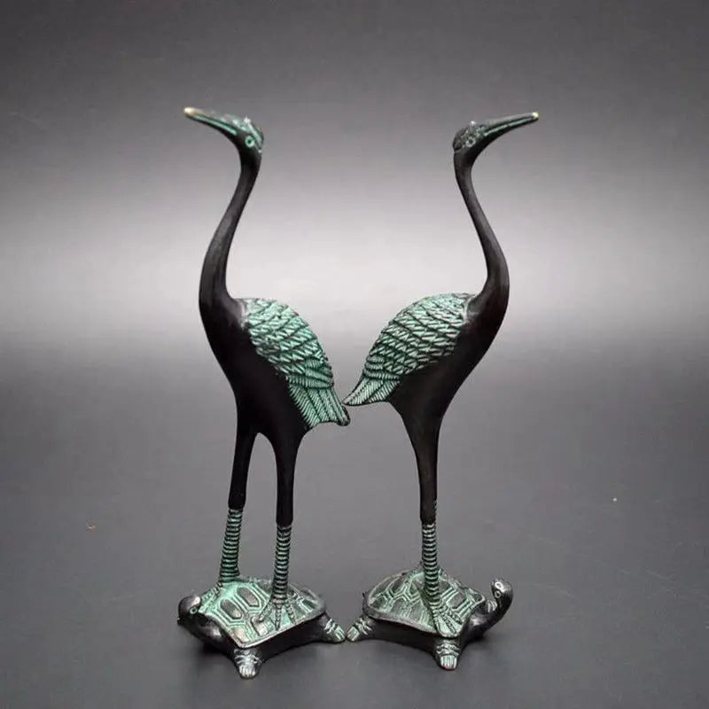 A Pair Of Hand Carved Collection Red-Crowned Crane & Tortoise Bronze Statue