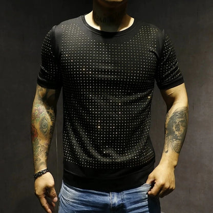 Summer High Quality New  Shiny Round Neck Pure Cotton Slim Heavy Industry Classic Full Diamond Short Sleeve T-Shirt Men