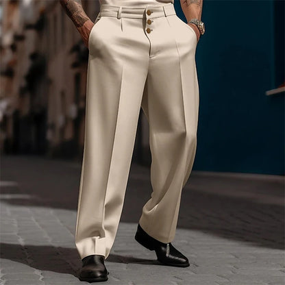 Oldyanup Casual Suit Pants For Men 2024 Spring Multiple Buttons Mid Waist Fashion Straight Trousers Business Comfort Loose Pant