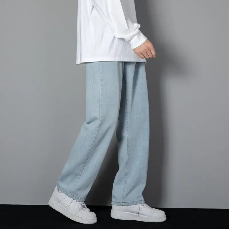 New Korean Men's Casual Long Jeans Classic Man Straight Denim Wide-leg Pants Solid Color Light Blue Grey Black 3XL