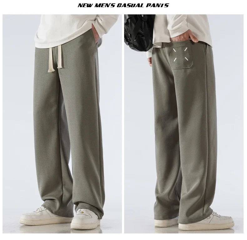 Men's Pants Wide Leg Cotton Fabric Straight Loose Outdoor Solid Color Knitted Sweatpants High-quality Soft Long Baggy Trousers