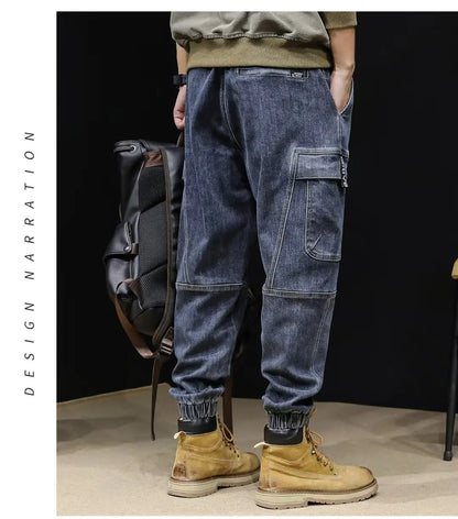 2023 New Men's Jeans Loose Fit Casual Style Vintage Cargo Pants Trendy Male Fashion Straight Blue Stretch Denim Trousers