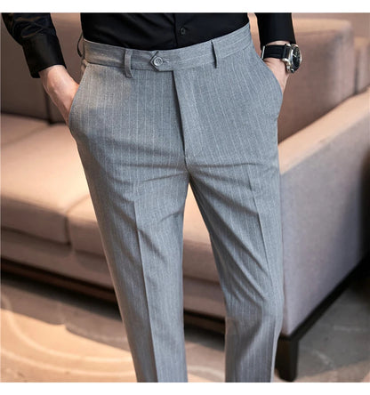 Autumn Winter Thickened Striped Suit Pant Men Business Slim Fit Long Pants Formal Office Social Party Casual Pants Streetwear