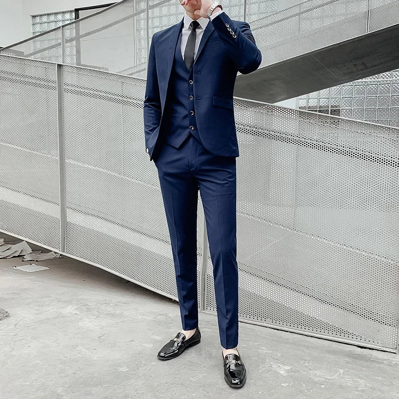 Suit (Blazer+ Vest + Pants) Men's Business Gentleman Fashion Slim Work Solid Color Plus Size Fair Dress Wedding Best Man Suit