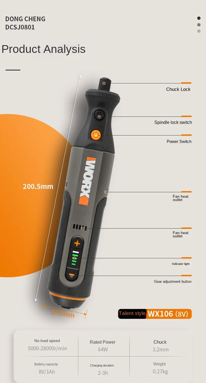 Worx WX106 8V Rotary Tool USB Charger Handle Cordless Mini Engraving Grinding Polishing Variable Speed Power Tool set + ACC