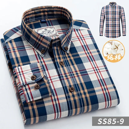 Men's Plaid Checkered Long Sleeve Shirts Contrast Color No Pocket Comfortable 100% Cotton Casual Standard Fit Button Down Shirt