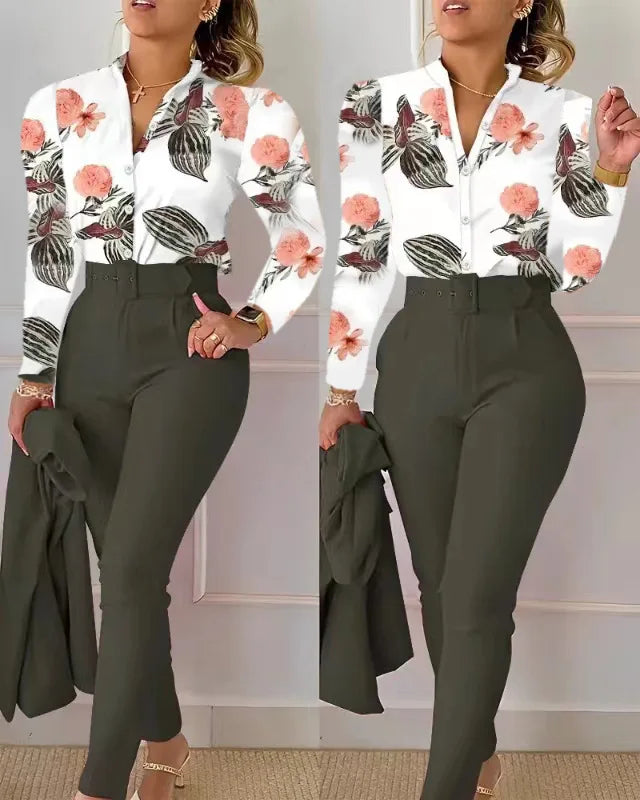 Elegant Women Two Piece Set Suits Fall New Fashion Print Long Sleeve Top Solid Color Pants Set With Belt  Blouses Female Clothes