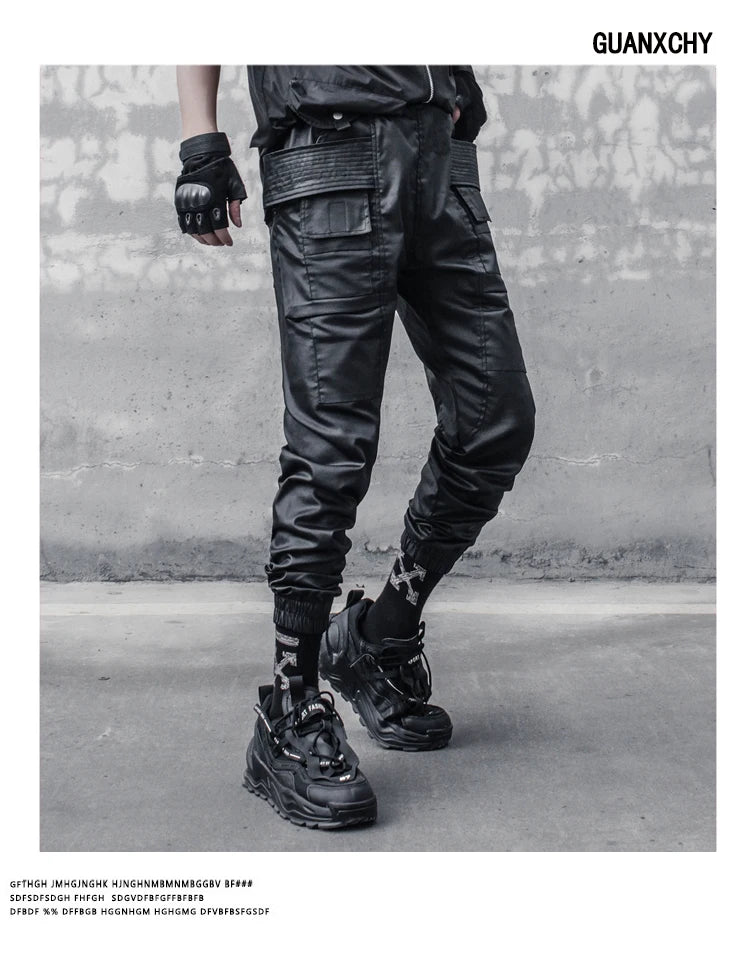 2023 Waxy Coating Punk Hip Hop Cargo Pants Mens Multi-pockets Motorcycle Techwear Functional Joggers Street Casual Trousers