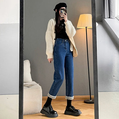 Women Straight Trousers Beige Keep Warm Fur Denim Jeans Thick Velvet Herm Pants Casual Vintage Female Winter Fleece Baggy Pants