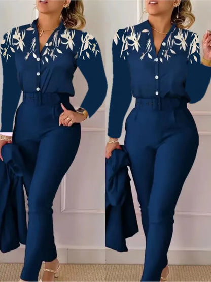 Elegant Women Two Piece Set Suits Fall New Fashion Print Long Sleeve Top Solid Color Pants Set With Belt  Blouses Female Clothes