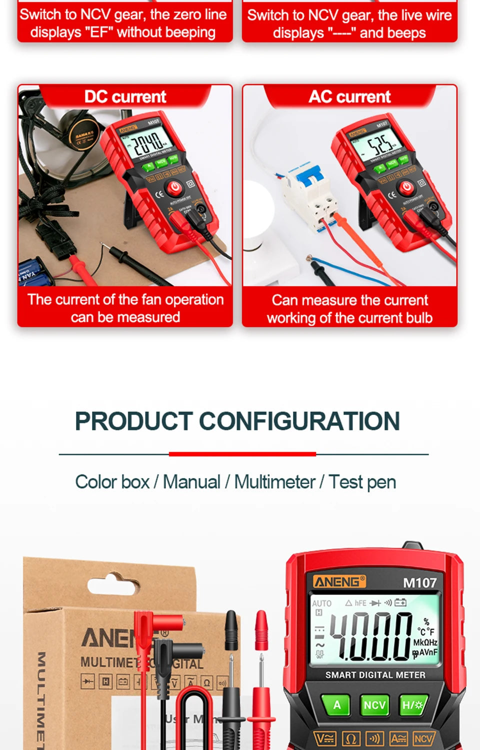 ANENG M107 Profesional Digital Multimeter 4000 Counts Auto Tester Digital Multimetre Testeur Electrique Mini Multímetro Test