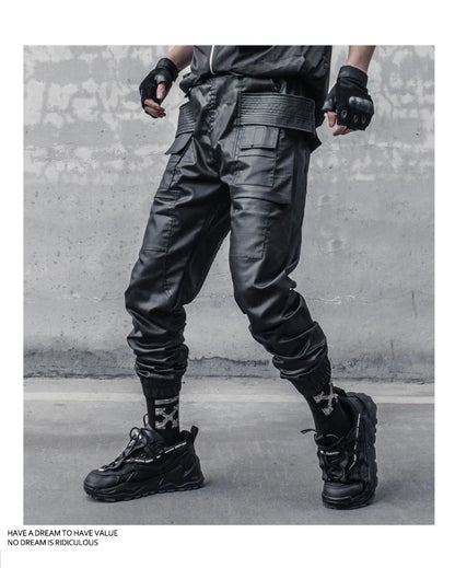 2023 Waxy Coating Punk Hip Hop Cargo Pants Mens Multi-pockets Motorcycle Techwear Functional Joggers Street Casual Trousers