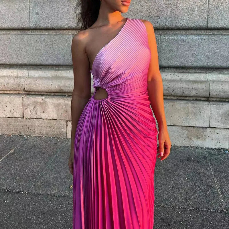 Elegant Women Ruffled Pleated Diagonal Collar Maxi Dress Evening Dress Spring Summer Backless Sleeveless Irregular Party Dresses