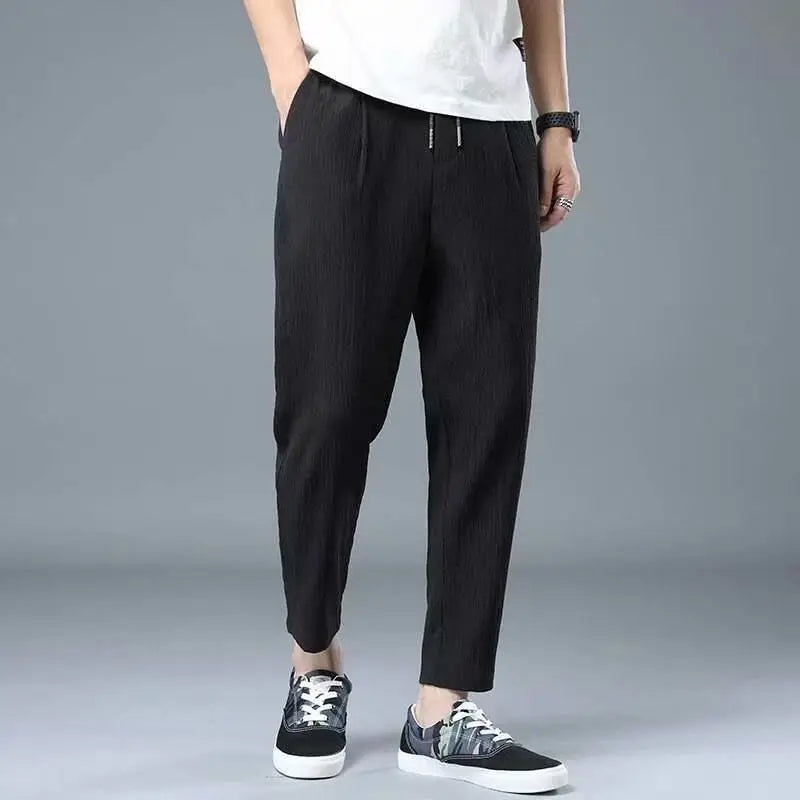 Spring Summer Men Cotton Hemp Ice Silk Pants Streetwear Fashion Male Basic Elastic Waist Loose Sports Straight Casual Trousers