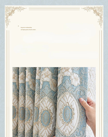 New European Style Simple light blue Thread Embroidered Curtains for Living Room Bedroom Study Blackout Curtain Customization