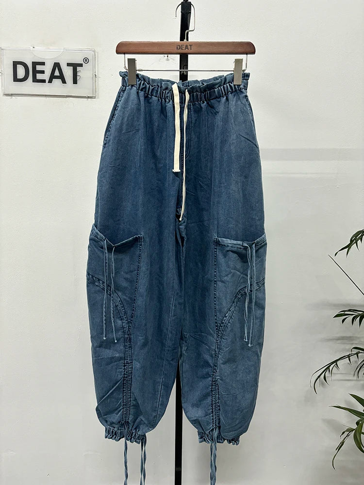 DEAT Women's High Elastic Waist Jeans Drawstring Bandage Design 2024 Autumn Fashion Loose Straight Wide Leg Denim Pants 11A0731